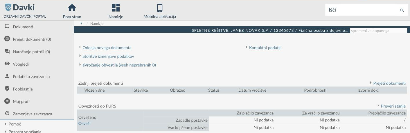 Namizje eDavkov z vrstico izbranega zavezanca in menijem Dokumenti na levi