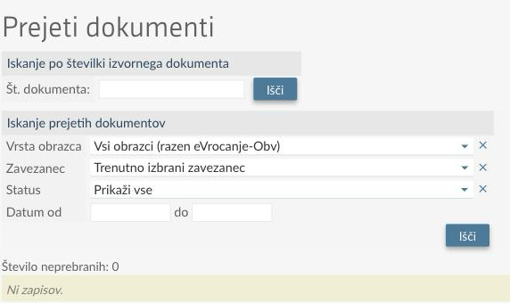 Stran Prejeti dokumenti s filtri in praznim seznamom