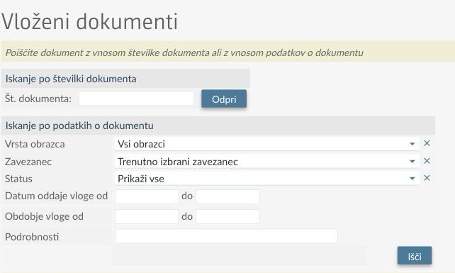 Stran Vloženi dokumenti s polji za iskanje po vrsti obrazca, zavezancu, statusu in datumih