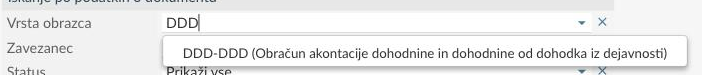 Spustni seznam vrste obrazca z zadetkom DDD-DDD, obračun akontacije dohodnine