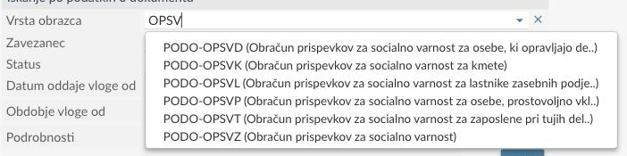 Spustni seznam z obrazci PODO-OPSVZ in PODO-OPSVD ter njunimi polnimi imeni